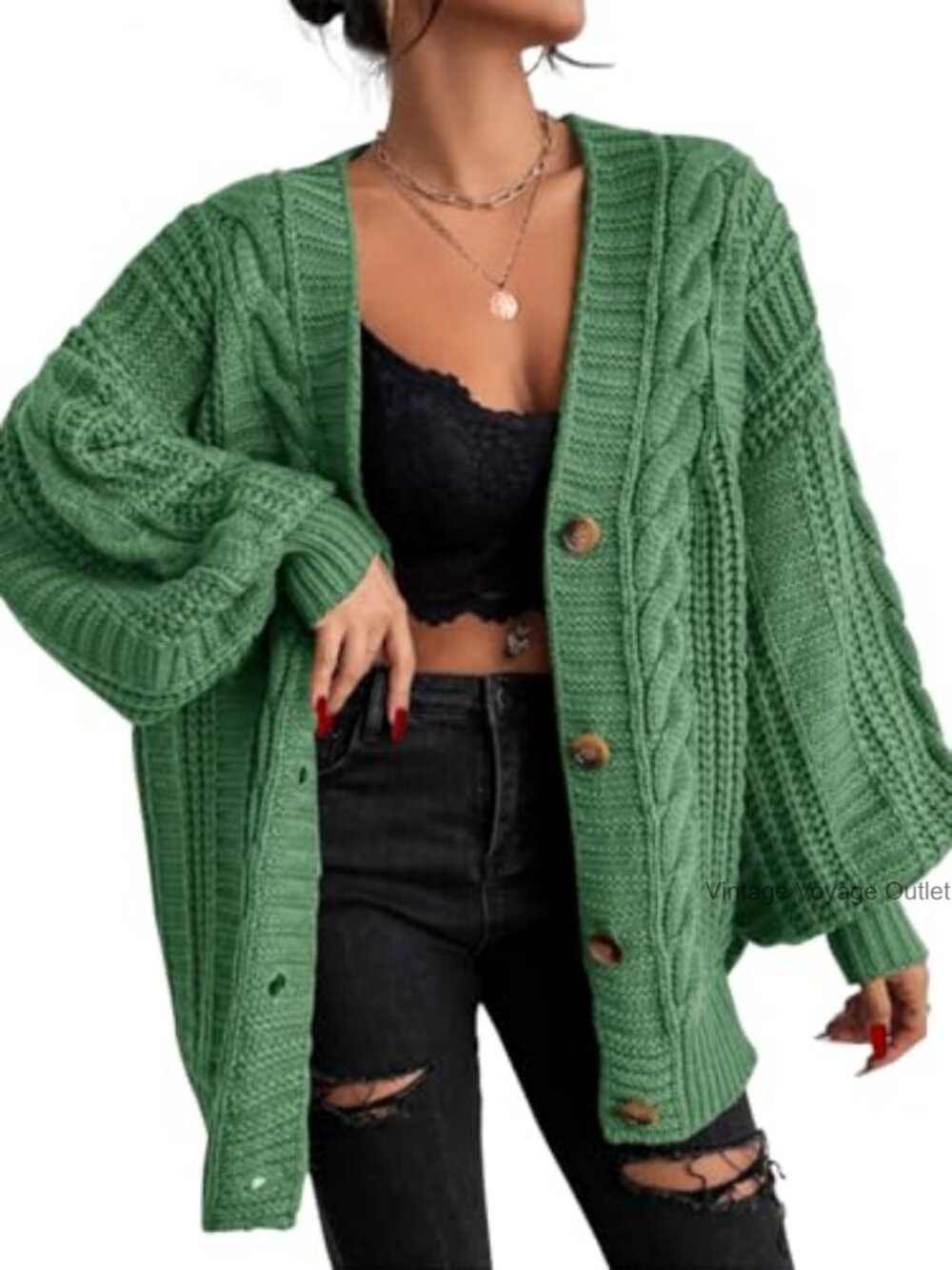 Oversized Cable Knit Button Down Cardigan V-Neck Long Sleeve Womens Sweater